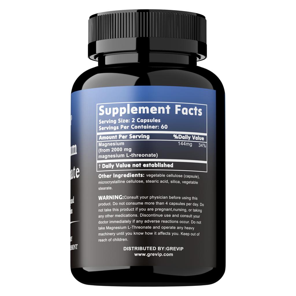L-Magnesium Threonate Dietary Supplement Supports Memory and Cognitive Function 120 Capsules Vegetarian.