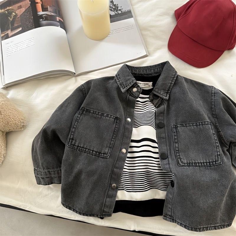 Boys' Spring/Autumn Long-Sleeved Denim Shirt, Medium-Small Size, Solid Color, Stylish Single-Breasted Casual Top