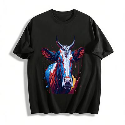 American Cool Splash Ink Bull Print Short Sleeve Street Style Top Pure Cotton T-shirt