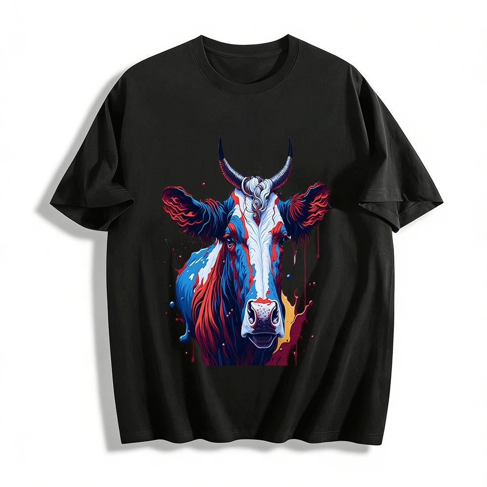 

American Cool Splash Ink Bull Print Short Sleeve Street Style Top Pure cotton T-shirt XXS