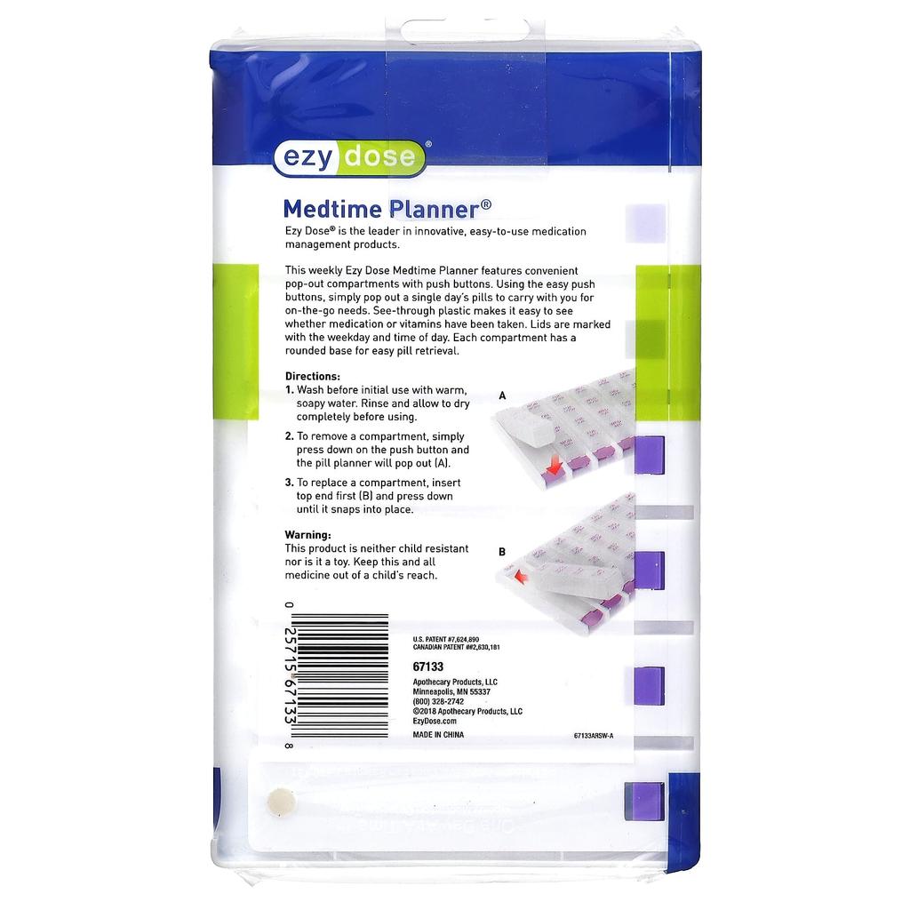 Weekly 4X/Day, Push Button Medical Time Planner Included, Purple, 1 Piece