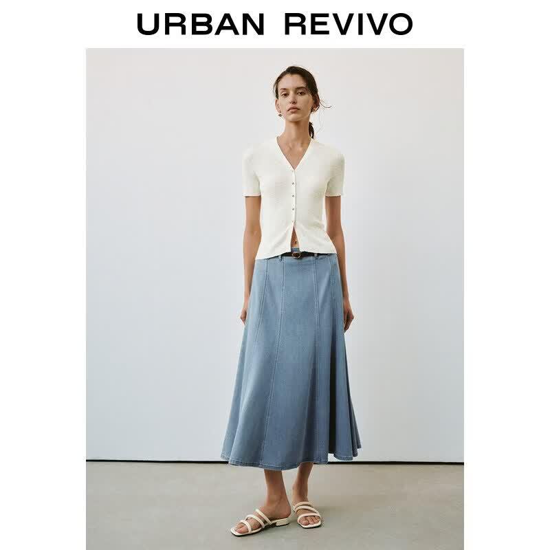 UR2026 Women s Elegant Spliced Denim Long Skirt with Belt XL светло-синий