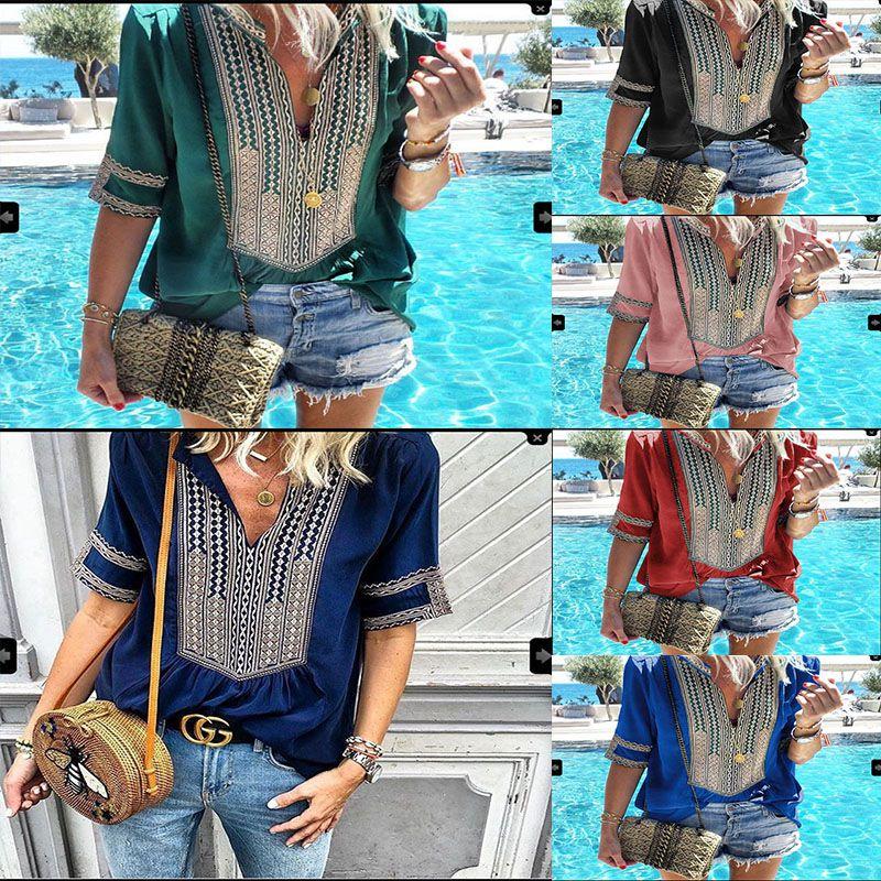Stunning Womens Vintage Striped V Neck Loose Shirt Tops Half Sleeve Boho Blouse Plus Size