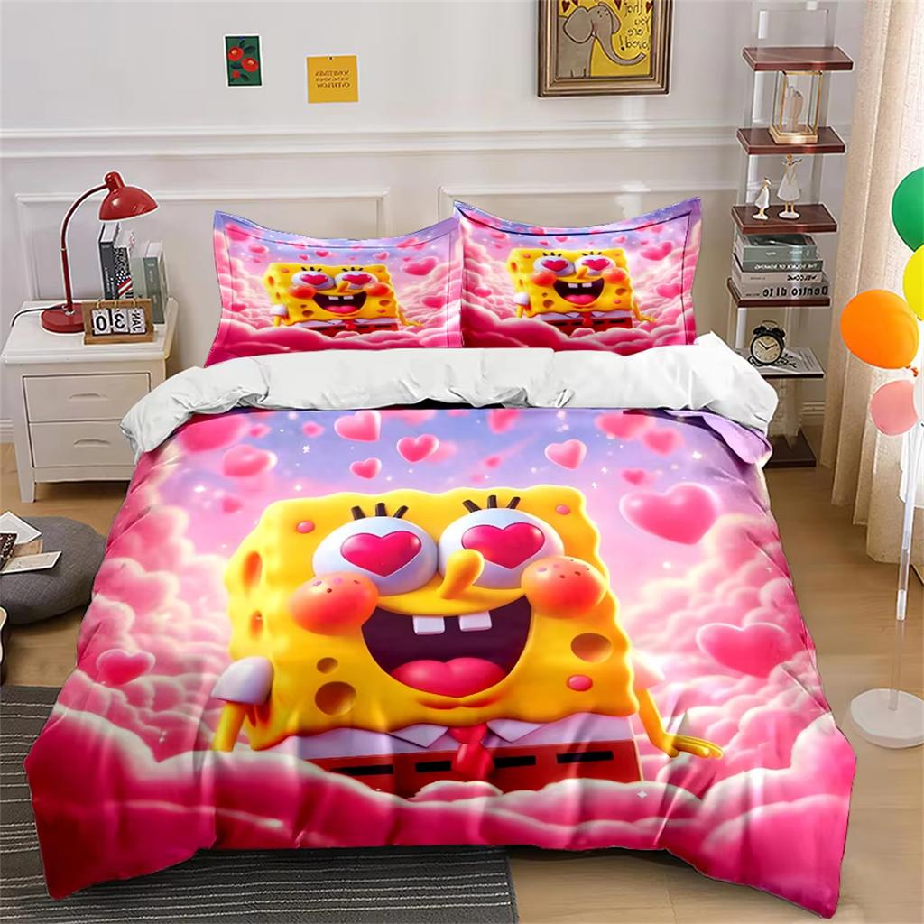 Cute Sponge/Bob BDuvet Cover Set, Cartoon Printed Duvet Cover Bedding Set for Kids Bedroom, Soft Microfiber Quilt Covers 2pcs
