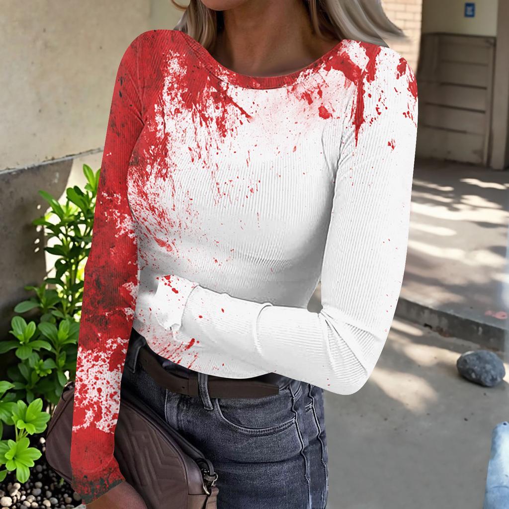 Women's Halloween Print Long Sleeve Neck Ribbed Top for Casual Fashion