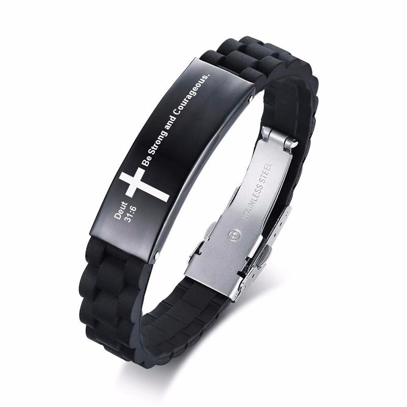 Vnox Religious Cross Jesus Scripture Quote Christian Bible Verse Inspiring Faith Silicone Bracelets for Men Personalize