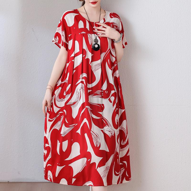 Velké volné šaty s vintage potiskem pro ženy Ležérní letní dámské šaty s krátkým rukávem