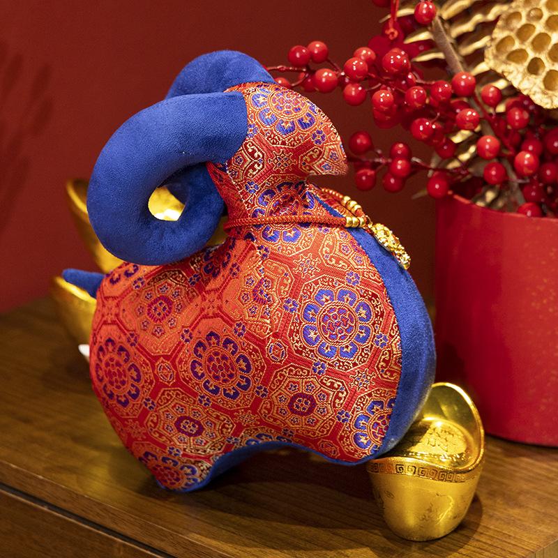 1Pcs Chinese Zodiac Sheep Mascot Plush Doll Traditional Jacquard Fabric Ornament Festive Lucky Sheep Stuffed Toy For Home Decor