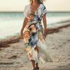 Fashion Women's Summer V-Neck Short Sleeve Floral Print Beach Dress