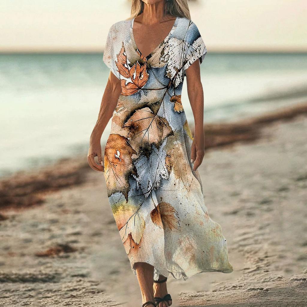 Fashion Women's Summer V-Neck Short Sleeve Floral Print Beach Dress