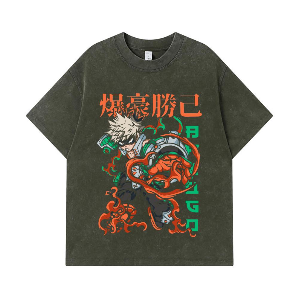 

275 GSM Washed T-shirts 100% Cotton My Hero Academia V14 Bakugo Print Unisex Heavy Cotton T Shirt S армия зеленый