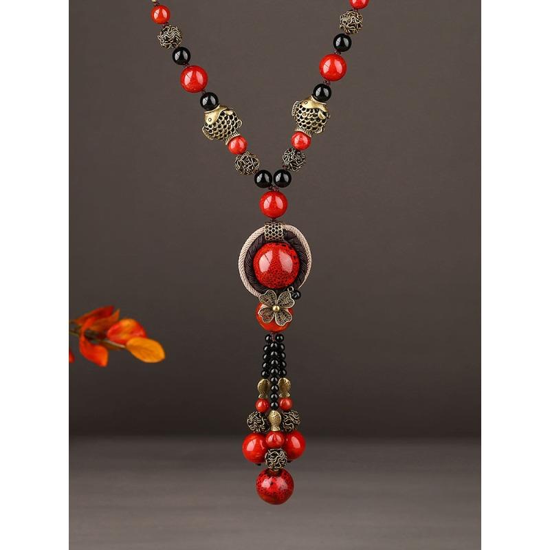 GEMCHIC Damen Vintage Ethnischer Stil Lange Pulloverkette mit Roten Perlen und Fischanhänger aus Legierung Chinesischer Klassischer Schmuck
