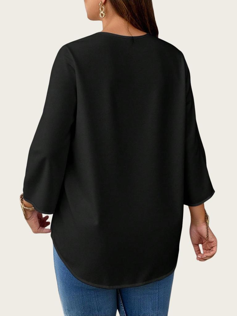 Europejski i Amerykański Damski Top Plus Size z Dekoltem V, Krótkim Rękawem, Casualowy, Luźny - 2025.