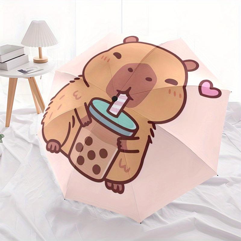 Capybara,Bubble Milk Tea Automatic Folding Umbrella Simple 8 Rib Design, Bright Cartoon Pattern, Durable Iron Frame, Suitable For Travel, O