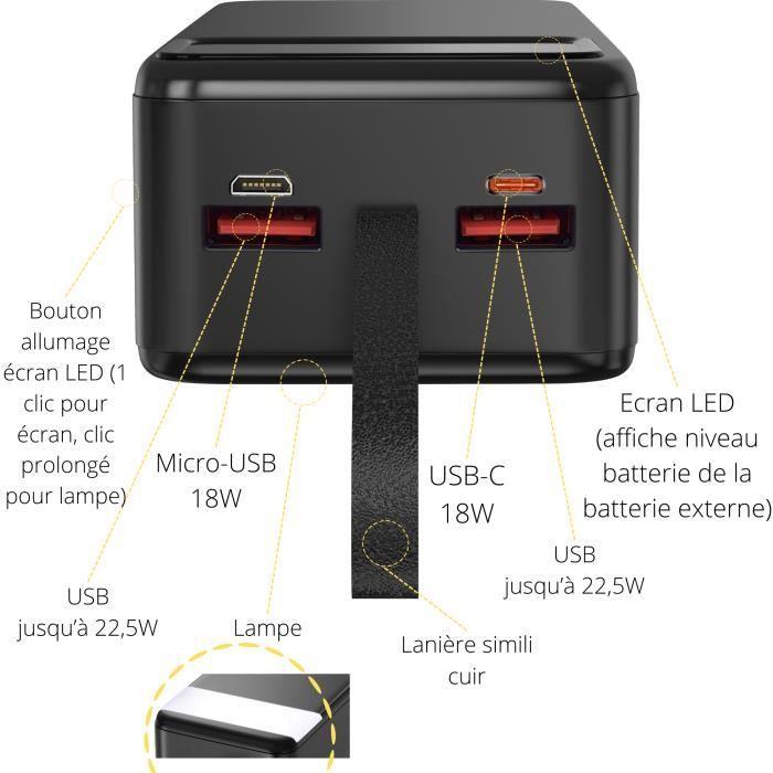 Batterie externe 30000mAh USB USB-C micro-USB Charge Rapide écran LED Phonillico®