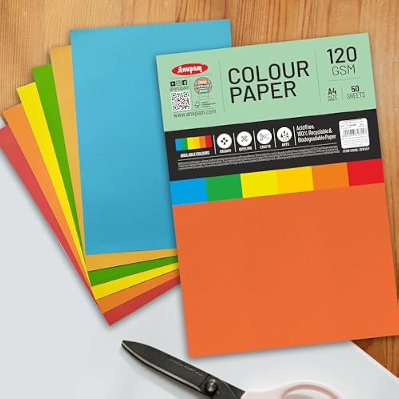 

Anupam 50 Sheets Colored Craft Paper A4 Size 120 Gsm 5 Assorted Color Construction Paper Multi Color Card Stock Paper Fo A4 (Multicolour)