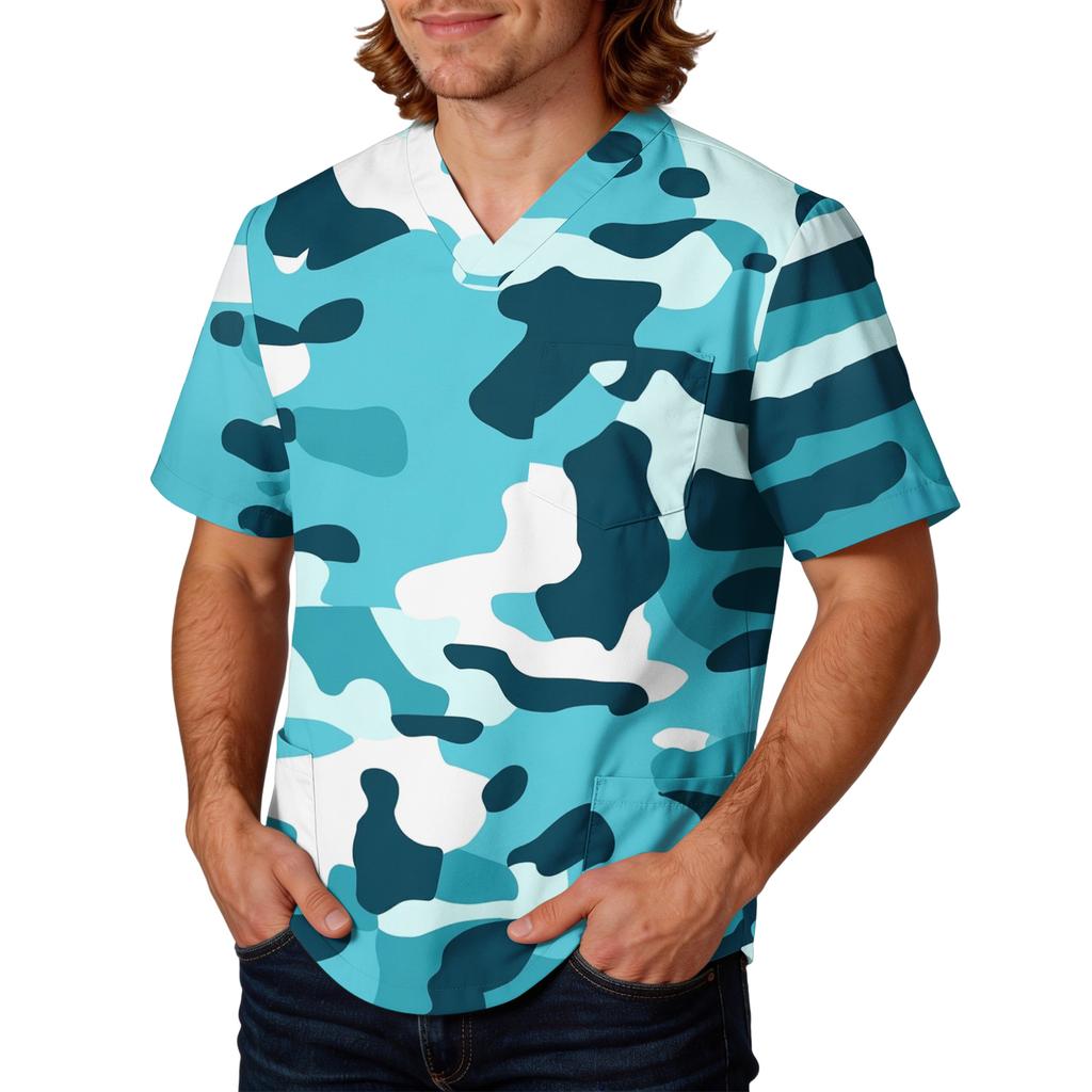 Mens V Neck Scrub Top with Camouflage Print Short Sleeve Classic Fit Lightweight Breathable Uniform Shirt