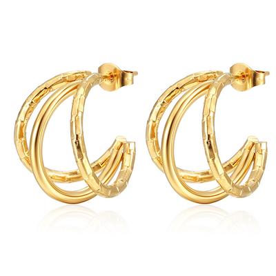 Fashion Plated 18K Gold Multi-layer Pattern Line Stainless Steel Earrings Trendy Retro Women's Versatile Earrings