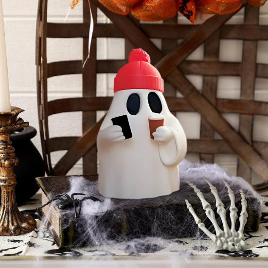 Halloween Ghost Figurine Cute Ghost Holding Phone And Cup Statue Small Ghost Tabletop Ornament for Halloween Home Decor