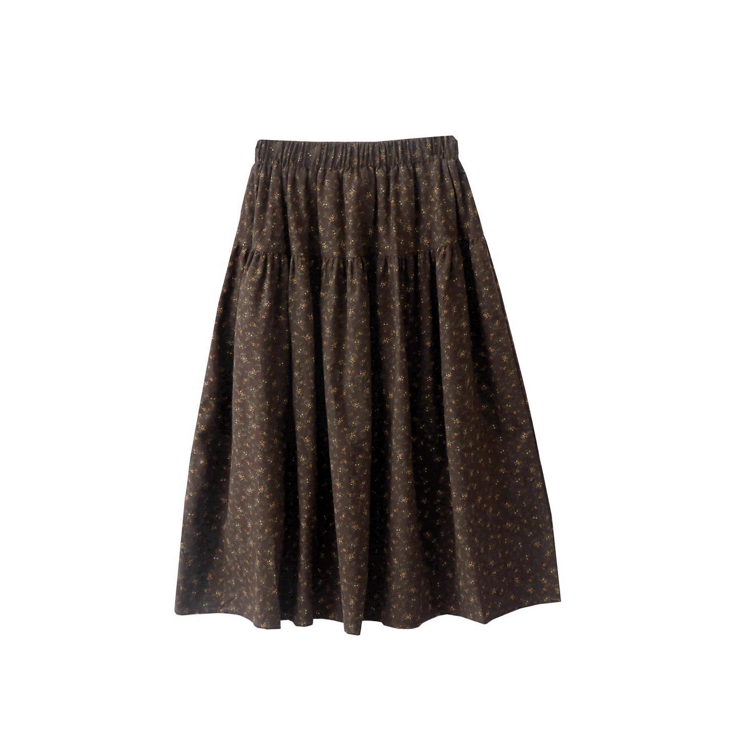 

Forest Retro Floral Brushed Cotton Midi Skirt - Women s Autumn/Winter Elastic Waist A-Line Coffee color without fleece