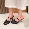 396-3 Holiday wind summer new Mori literary hand-woven hollow bow bag head thin heel high heel slippers
