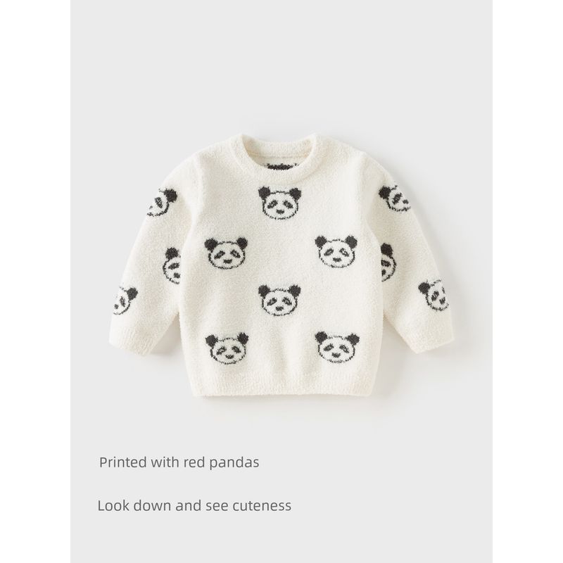 David Bella Half-Velvet Sweater Pullover 2026 Winter Girls' and Boys' Long-Sleeved Warm Panda Knitted Top