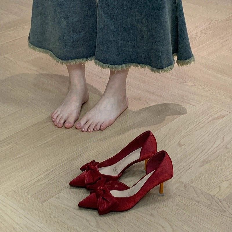

Bridesmaid shoes side empty high heels elegant bow feeling pointed temperament 40