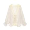 Womens Lace-Trimmed Chiffon Cover-Up Shirt V-Neck Long Sleeve Tie-Front Top Loose Fit