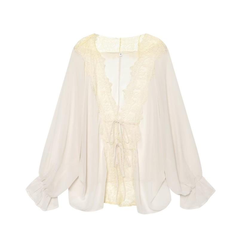 Womens Lace-Trimmed Chiffon Cover-Up Shirt V-Neck Long Sleeve Tie-Front Top Loose Fit