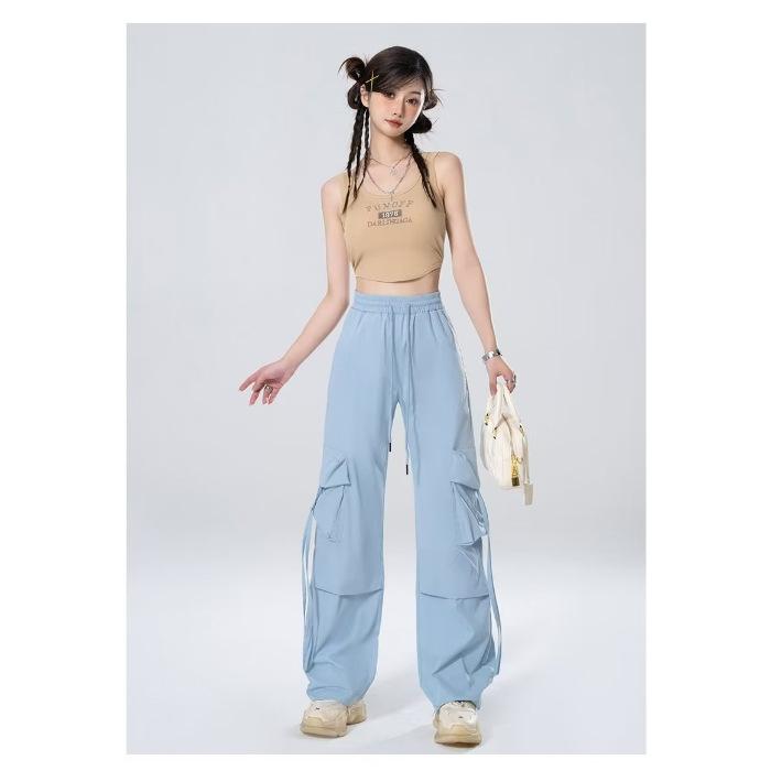 Pantaloni da Lavoro Blu Donna Taglia Piccola Sezione Estiva Sottile Gamba Larga Vita Alta Dritti Drappeggiati