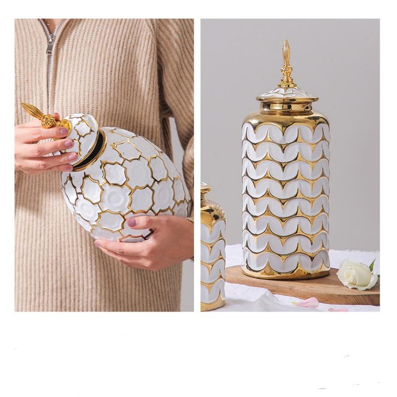 Ceramic Checkmate Jar Ginger Jar Flower Vase Plaid Gold Storage Tank Porcelain Bottle Home Decoration Accessories