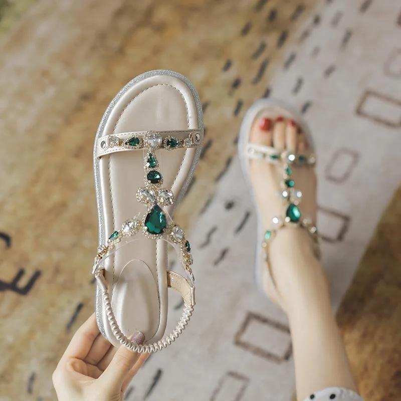 Fashion Flat Summer 2024 Women's Shoes Rhinestones Beach Footwear Sandals for Woman with Medium Heels Open Toe Wedges Heel Daily Korea F