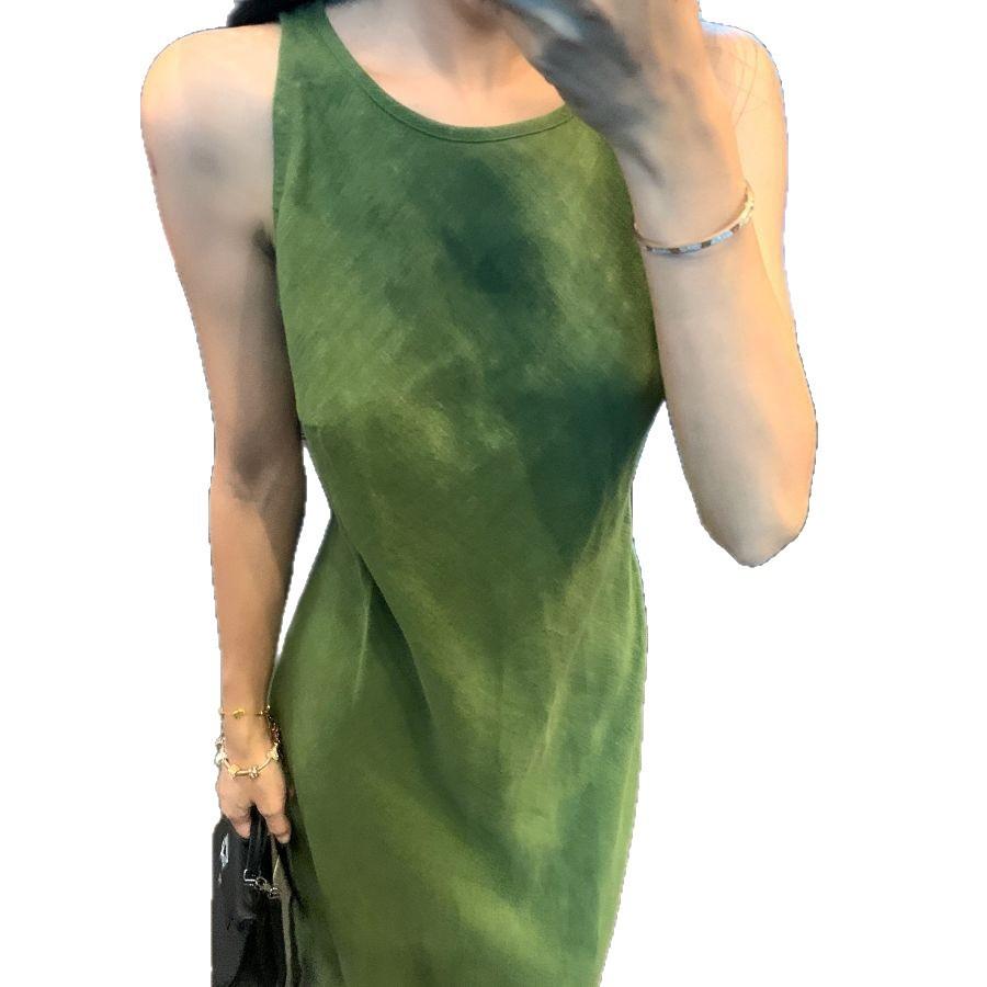 Holiday Style Retro Green Vest Dress Women's Summer Waist Thin Chic Niche Long Dress