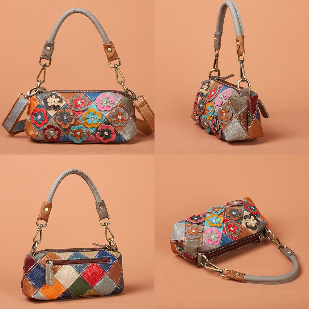 Cowhide Women'S Bag Handmade Design Personalized Flower Color Contrasting Color Dinner Shoulder Messenger Bag Hand Bag