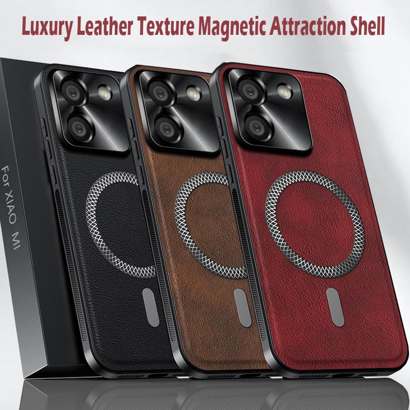 Luxury PU Leather Case For Xiaomi Poco M7 Pro F7 F6 F5 X7 Pro X6 X5 Magsafe Magnetic Metal Ring Lens Protection Shockproof Cover