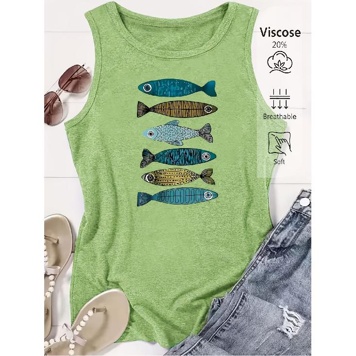 Women's fishnet tank top Colorful fake bait fish print round neck casual loose summer vest Fashionable and elegant tops for commuting, vacation, and