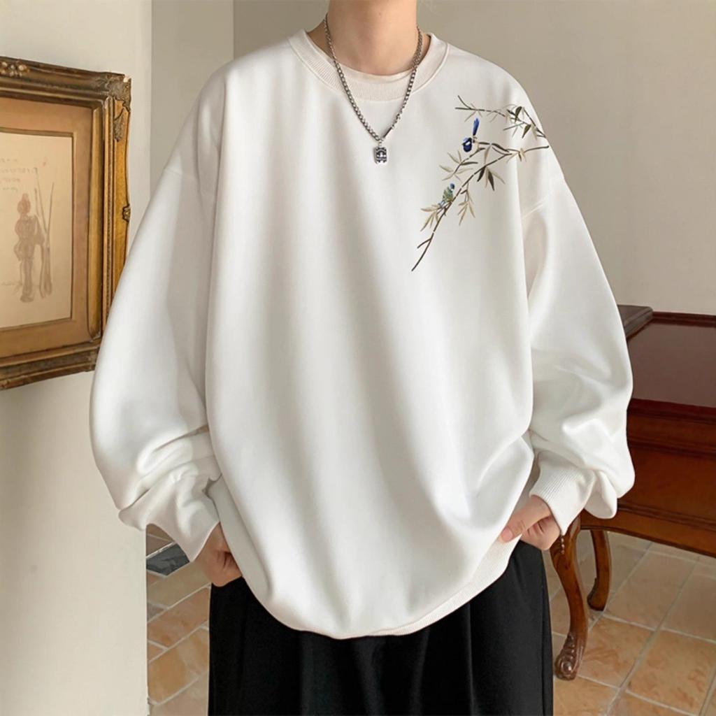 Men's Chinese Style Burgundy Round Neck Hoodie - Fleece Lined, Loose Fit, Plus Size, Thick - Perfect for Spring, Autumn, and Winter.