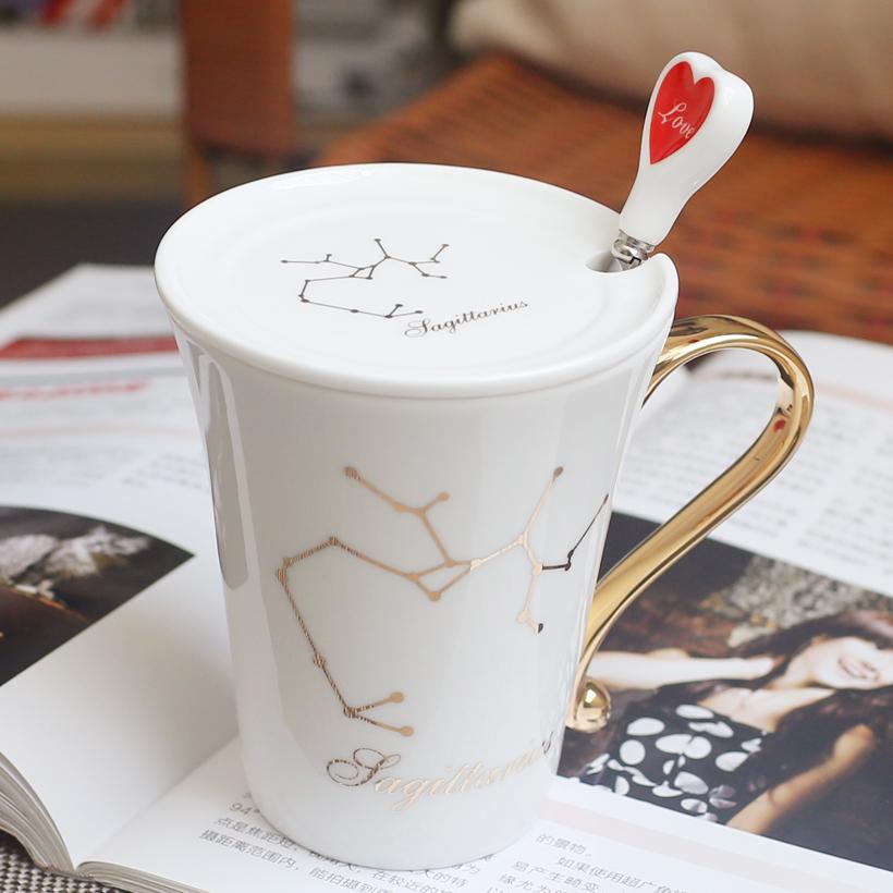Tierkreiszeichen Keramiktassen-Set: Stilvolle Sternbild-Tasse für Zuhause, Paare, Kaffee und Tee, komplett mit Deckel und Löffel.