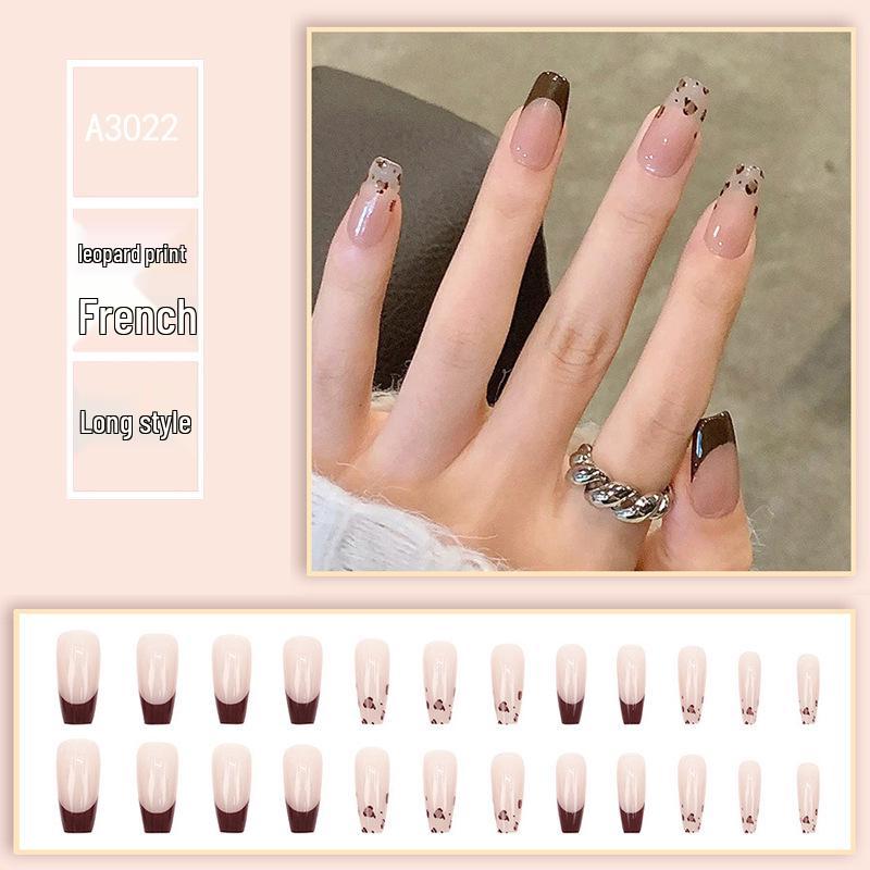 

Балерина Т-образной формы с леопардовым принтом, французские накладные ногти - 24 ледяных прозрачных длинных искусственных ногтя
