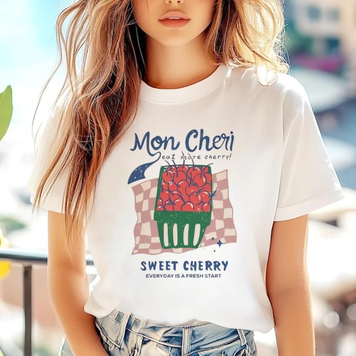 

Cherry Fruit Letter Printed Pattern Women s O-Neck Casual Summer Top Women s Cartoon Cute New Clothing Versatile Kawaii T-Shirt XXXXXL білий