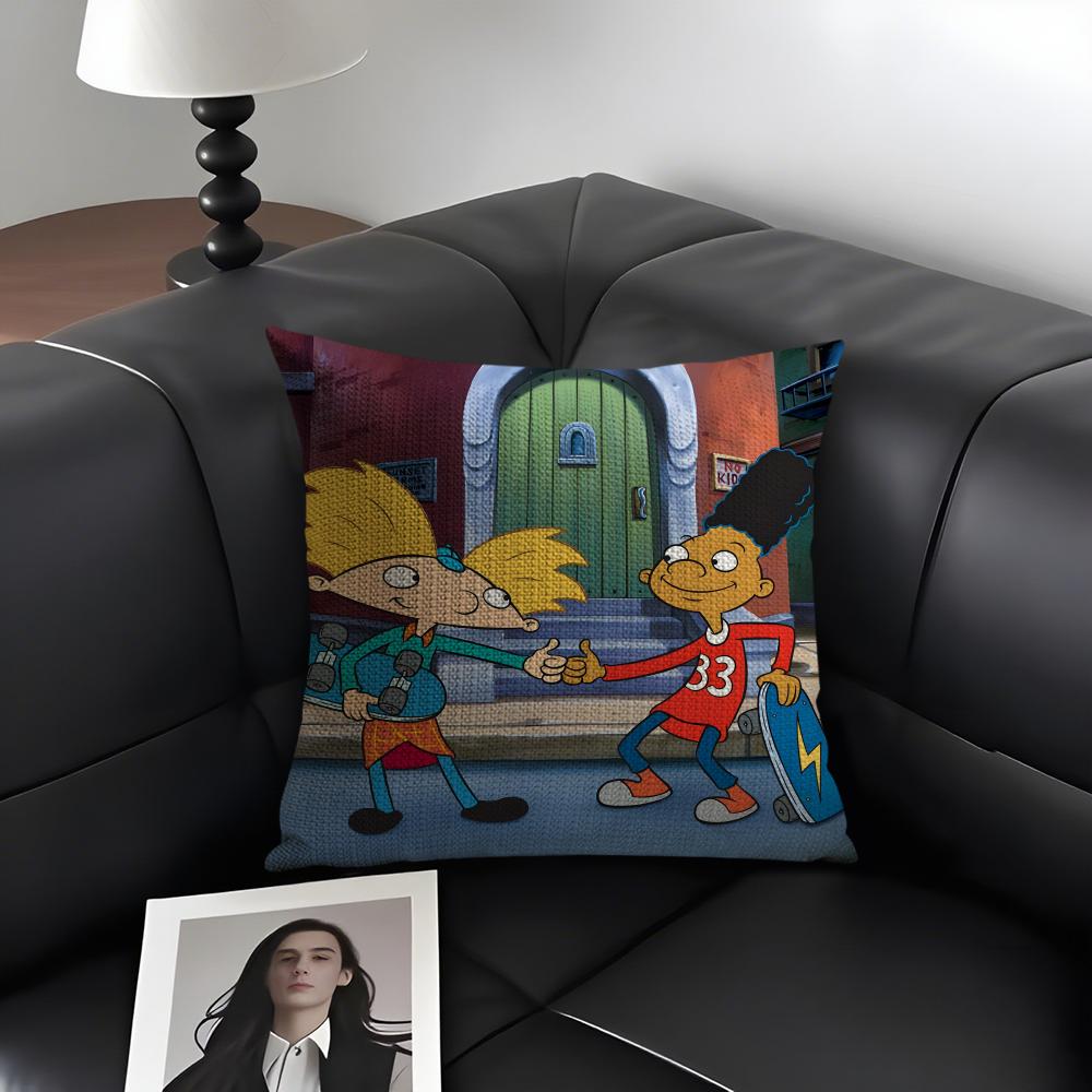 H-Hey Arnold Cartoon Cushion Cover Natural Linen Organic Fabric Double-Sided Printing Sofa Home Decor Gift Pillow Case