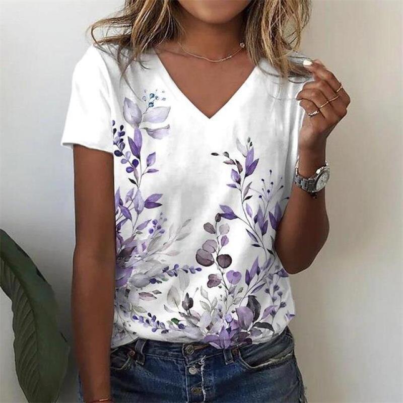 Sommer Kvinner Kortermet V-hals Oversized T-skjorte for kvinner Hvit mote T-skjorte for kvinner 3d Dragonfly Print Topp Uformelle klær