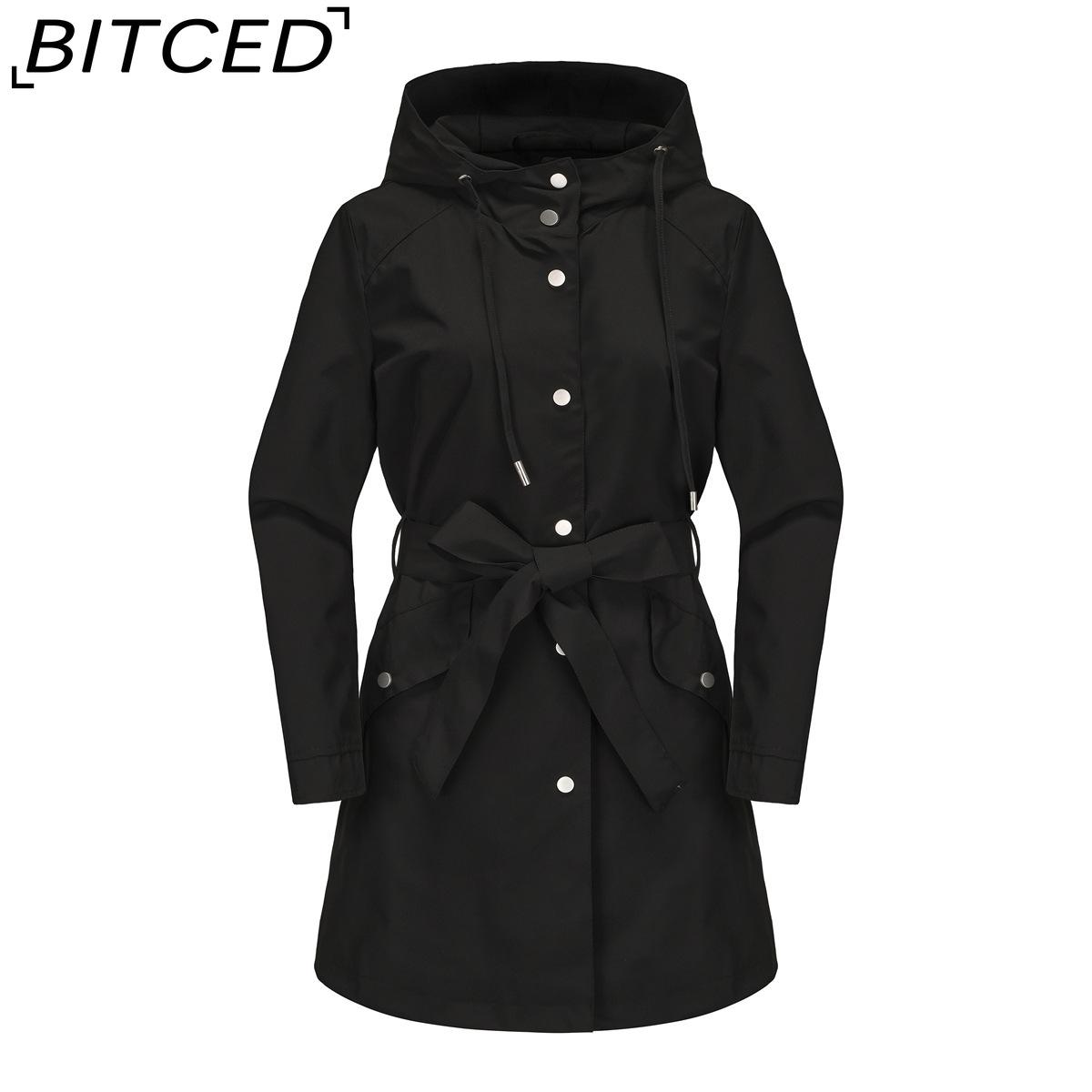 

BITCED Женская весенне-осенняя водоотталкивающая куртка с капюшоном и поясом на талии, легкий повседневный тренч оверсайз S чёрный