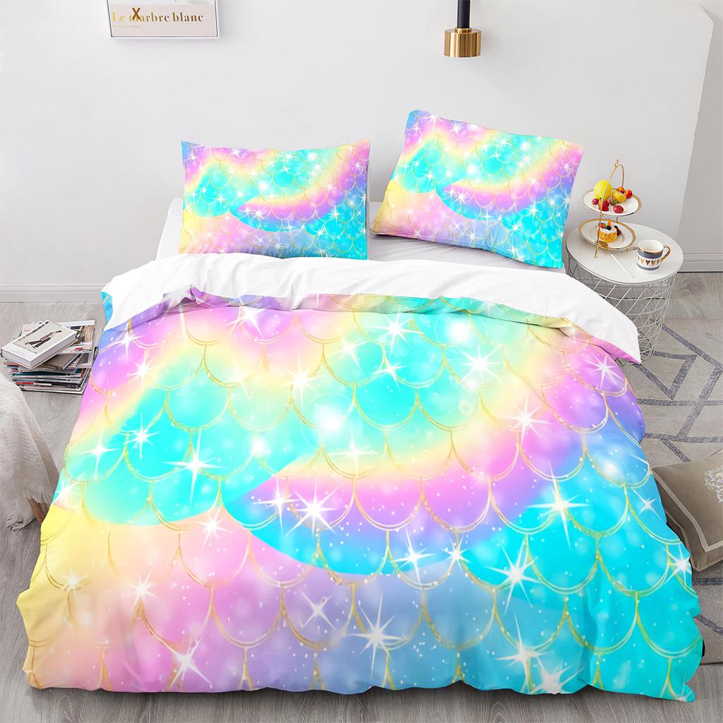 Mermaid Tail Duvet Cover King Queen Size Kids Fish Scales Bedding Set Girly Ocean Animal Princess 2/3pcs Polyester Quilt Cover