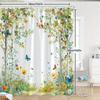 1pc Enchanted Flower Forest Pathway Shower Curtain - Serene Dreamy Fantasy Bathroom Decor with Birch Trees, Multicolored Bloss