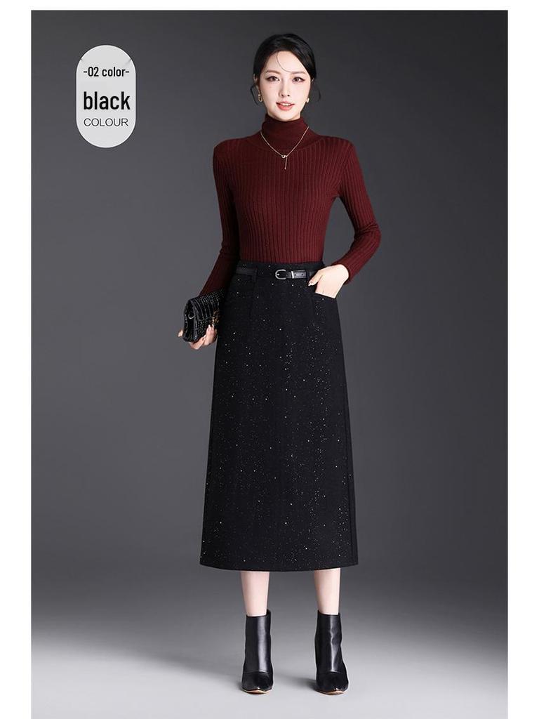 Chic High-Waisted Wool Blend Slit Skirt – 2026 Autumn/Winter Elegant Korean Style