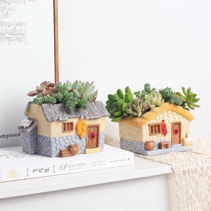Vintage Rustikaler Harz-Blumentopf Haus für Sukkulente Pflanzen, Mini-Gartendekor im Landhausstil