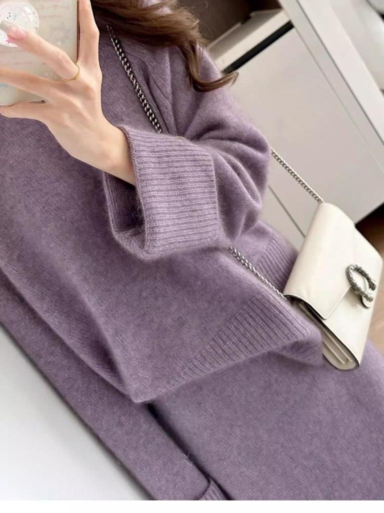 Elegant Purple Knit French Dress: 100% Pure Wool Two-Piece Set (Sweater & Skirt)