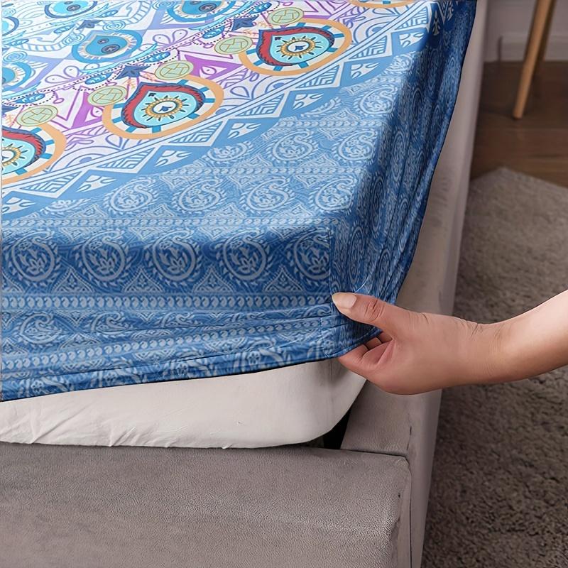 3-Piece Vibrant Blue Mandala Bohemian Fitted Sheet Set - Soft Breathable HD Printing Bedding for Home Dorm - Includes 1 Fitted