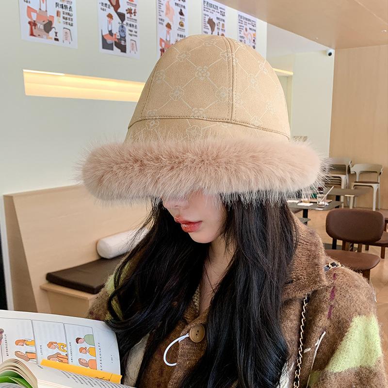 Women Fur Trimmed Bucket Hat Girls 90s Winter Warm Thicken Plush Fisherman Cap Basin Hats Fuzzy Faux Fur Hat